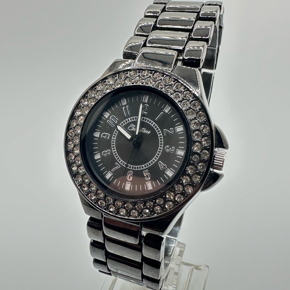 Men’s Curations Brand Black Chrome and Rhinestone Quartz Watch